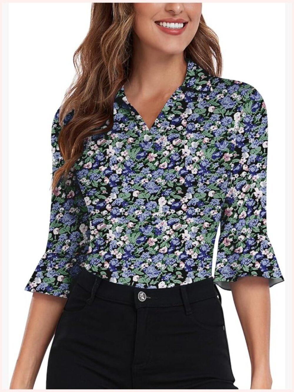 3/4 Sleeve Golf Polo Tunic Blouse V Neck Ruffle Dressy Work Top